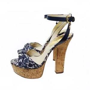 Michael Kors Benji Blue Canvas Cork Platform Heels